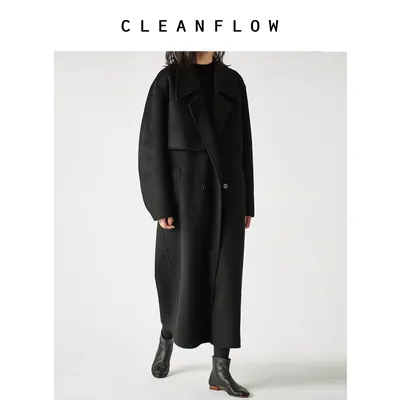 CLEANFLOW | 水波纹美利奴羊毛纯手工双面毛呢外套女2026新款大衣
