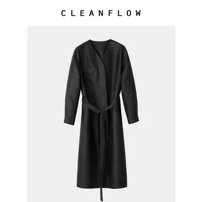 CLEANFLOW | 龟裂纹香云纱弧领系腰带连衣裙女2026秋新款风衣外套