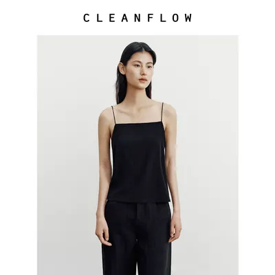 CLEANFLOW | 黑色真丝弹力双绉一字领基础款原设计纯色吊带背心女