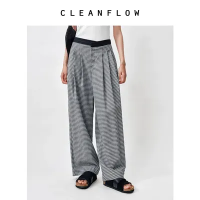 CLEANFLOW | 高端桑蚕丝苎麻精纺羊毛格纹休闲百搭裤子女小个子