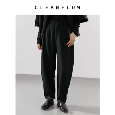 CLEANFLOW | 黑色山羊绒羊毛拼皮锥形加厚百搭休闲裤女2026秋新款