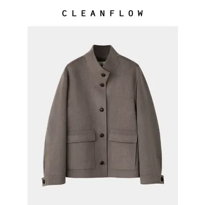 CLEANFLOW | 烟草灰中式立领双面毛呢夹克女高级感2026冬新款大衣