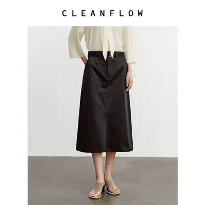CLEANFLOW | 棉质腰带直筒工装半身裙女小个子2026秋新款气质裙子
