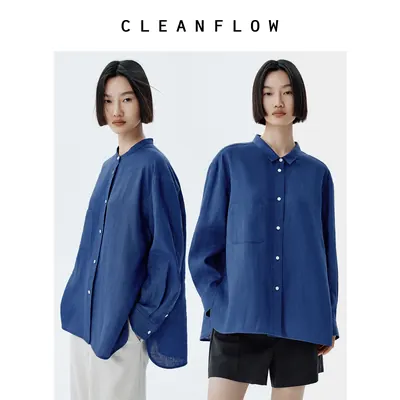 CLEANFLOW | 克莱因蓝色织亚麻立领开衩衬衫女2026春秋季新款衬衣