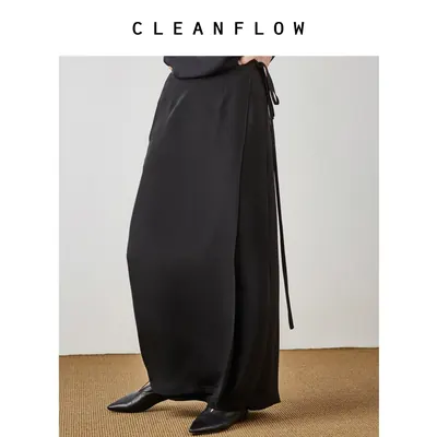 CLEANFLOW | 黑色真丝30姆米系带高腰百搭半身裙女2026秋新款裙子