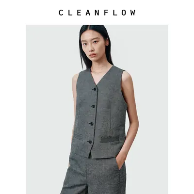 CLEANFLOW | 色织棉麻斜纹马甲女小个子2026秋季新款气质通勤外套