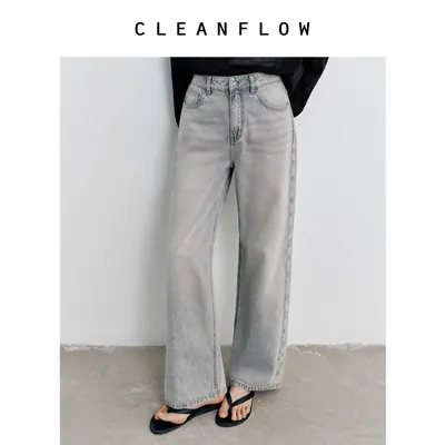 CLEANFLOW 精粹系列|【灰牛】复古水洗弹力棉直筒裤女牛仔长裤女