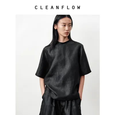 CLEANFLOW | 手工平板纹香云纱极简小立领中式T恤2026秋新款上衣