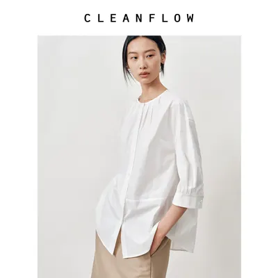 CLEANFLOW | 丝棉花苞领七分袖衬衫女高级感2026秋季新款圆领上衣