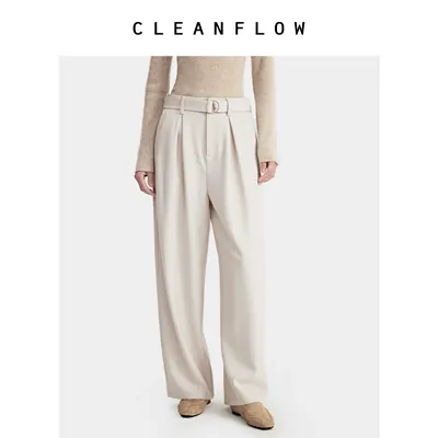 CLEANFLOW | 米灰色美丽奴精纺羊毛直筒西装裤女2026秋季新款裤子