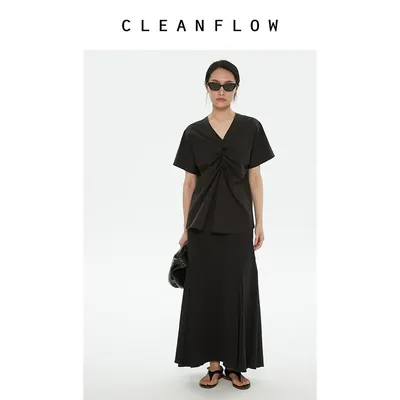 CLEANFLOW | 黑色水洗匹马棉抽褶连肩短袖T恤上衣V领显瘦小众设计