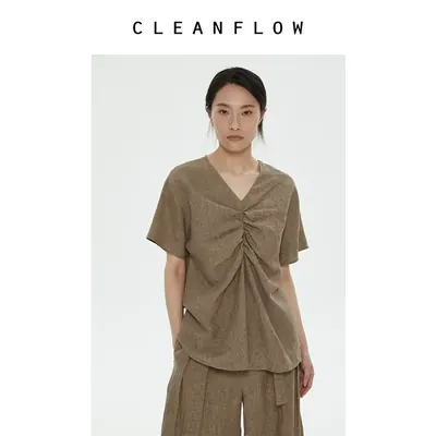 CLEANFLOW | 冰淇淋卡其色织法国进口亚麻抽褶套头T恤V领小众上衣