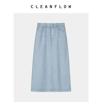 CLEANFLOW | 浅水蓝100%亚麻手工染色牛仔半身裙女2026秋新款裙子