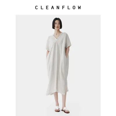 CLEANFLOW | 100%纯色织亚麻经典条纹V领连衣裙女2026夏新款裙子