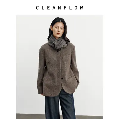 CLEANFLOW | 坚果棕中式立领毛呢外套女高级感2026新款气质大衣
