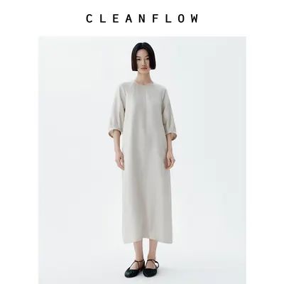 CLEANFLOW精粹系列 | 奶油灰真丝圆领花苞袖连衣裙2026夏新款裙子
