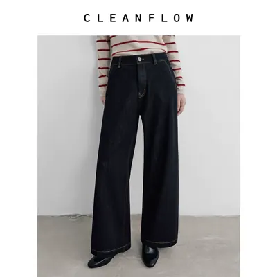 CLEANFLOW | 黑色精梳棉阔腿牛仔裤女小个子2026秋新款百搭裤子