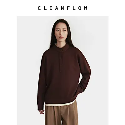 CLEANFLOW | 精纺纯羊毛立领半开襟套头卫衣女2026秋秋新款上衣