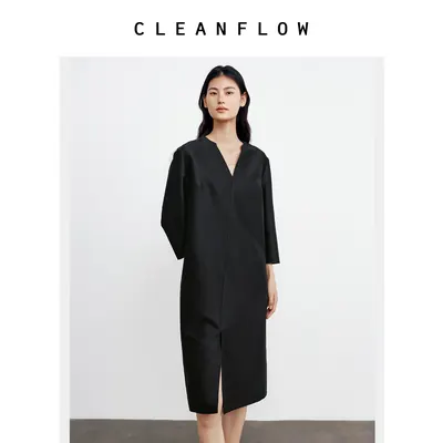 CLEANFLOW | 丝毛绉v领开口立领连衣裙女小个子2026秋季新款裙子