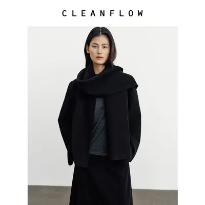 CLEANFLOW | 黑色羊绒短款圆领大衣女小个子2026冬季新款毛呢外套