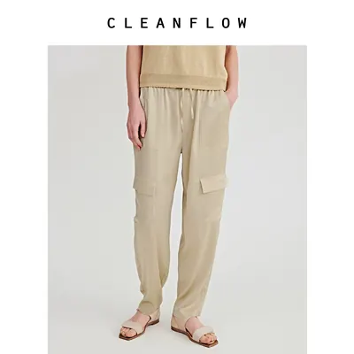 CLEANFLOW | 日本三醋酸缎面松紧腰锥形九分工装裤时尚夏季新款女