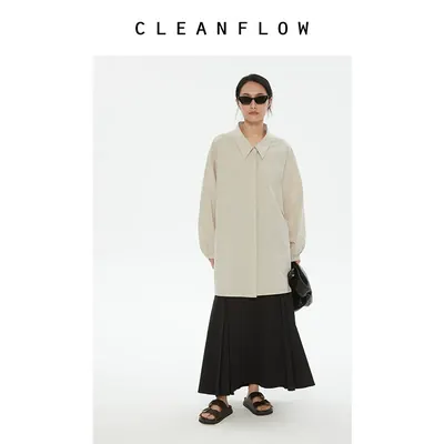 CLEANFLOW | 米灰桑蚕丝亚麻棉中长衬衫女高级感2026秋设计感外套