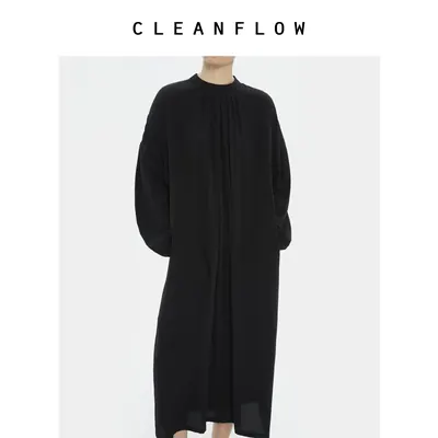 CLEANFLOW | 黑色18姆米双绉桑蚕丝立领碎褶气质连衣裙2026秋新款