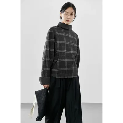 CLEANFLOW | 灰色澳洲纯羊毛手工双面毛呢外套女2026新款格纹大衣
