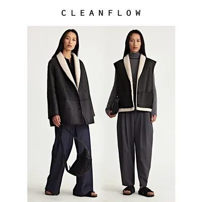 CLEANFLOW | 美国进口皮毛一体绵羊毛青果领中长气质毛呢外套大衣