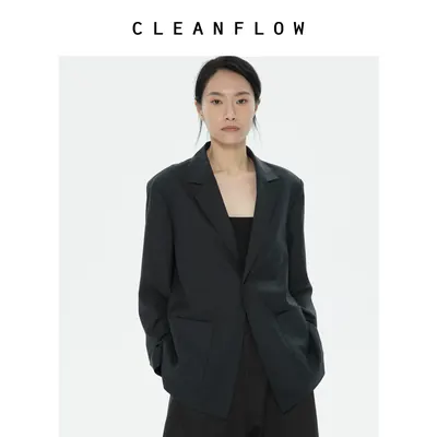 CLEANFLOW 丨藏青色桑蚕丝精纺羊毛气质通勤西装外套女2026秋新款