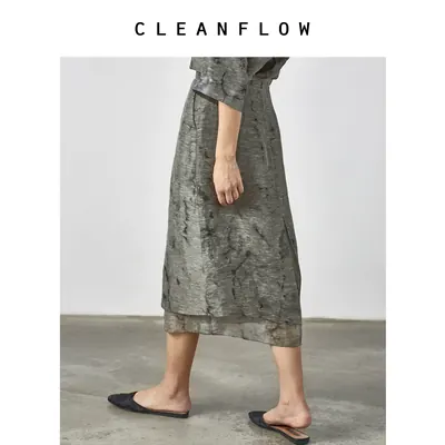 CLEANFLOW | 墨绿印花丝麻亚麻双层开衩中长a字半裙女2026秋裙子