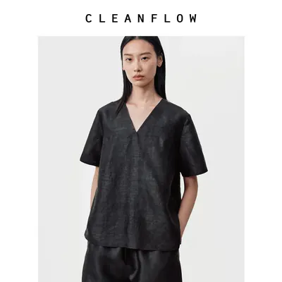 CLEANFLOW | 纯手工平板香云纱V领T恤女高级感2026春夏季新款上衣