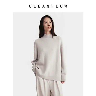 CLEANFLOW | 中高罗纹领山羊绒基础套头中长毛衣女新款宽松针织衫