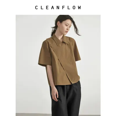 【胡可推荐】CLEANFLOW | 原创纯棉姜驼色撞色短袖衬衣衫女设计感