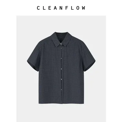CLEANFLOW少年感系列 | 深蓝维希细方格色织棉短袖衬衫女设计感