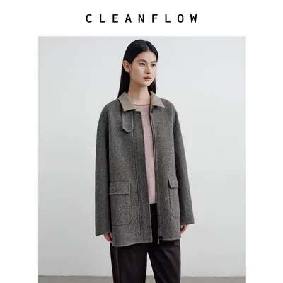 CLEANFLOW | 深棕人字撞色翻领双面毛呢外套女2026冬新款气质大衣