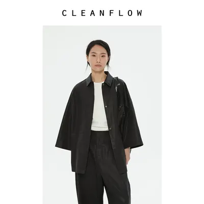CLEANFLOW黑色进口涂层斜纹全棉七分袖连肩袖衬衫夹克纯色衬衣