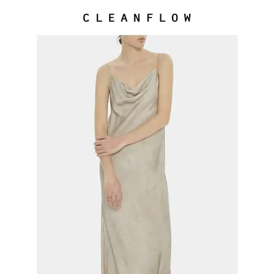CLEANFLOW | 脏粉色真丝斜纹绸荡领吊带连衣裙女高级感2026秋新款