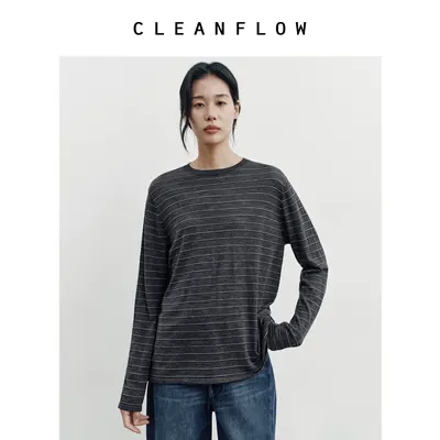 CLEANFLOW少年感系列 | 80S精纺美丽诺羊毛圆领灰白条纹针织T恤女