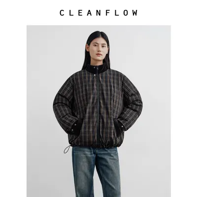 CLEANFLOW | 松灰格纹立领双面穿白鹅绒羽绒服女2026冬季新款袄子