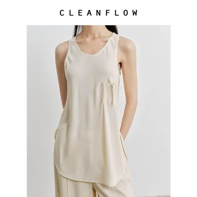 CLEANFLOW | 米黄炒色弹力素绉缎轻运动百搭背心2026夏季新款上衣