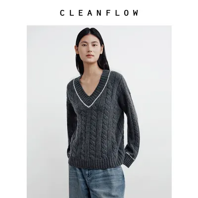 CLEANFLOW | 100%纯羊绒学院风绞花毛衣女小个子2026秋新款针织衫
