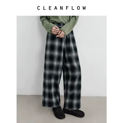 CLEANFLOW | 复古格纹毛呢松紧腰休闲九分裤女2026秋新款百搭裤子