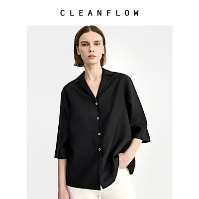 CLEANFLOW | 10s重磅纯亚麻插肩袖古巴领七分袖衬衣衫女秋季新款