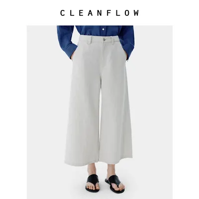 CLEANFLOW | 米白色中式棉麻八分牛仔裤女小个子2026春秋新款裤子