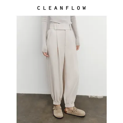 CLEANFLOW | 米灰色美丽奴精纺羊毛宽腰束脚休闲裤春夏新款长裤子