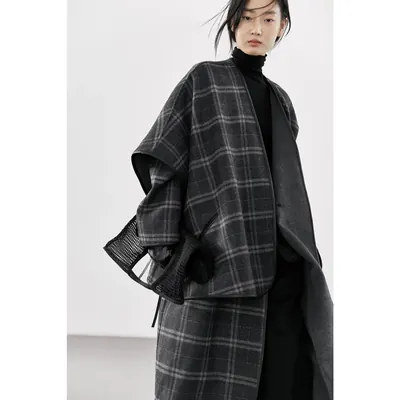 CLEANFLOW | 灰色格纹澳洲羊毛手工双面呢外套女2026新款气质大衣