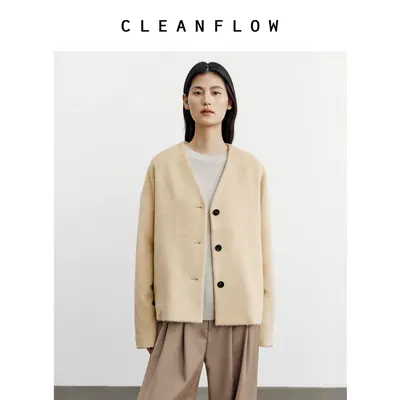 CLEANFLOW | 羊驼毛V领松身毛呢外套女小个子2026冬新款气质大衣