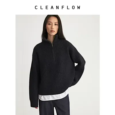 CLEANFLOW | 高端小拉绒纯山羊绒加厚竖高领早秋季拉链毛衣高级感