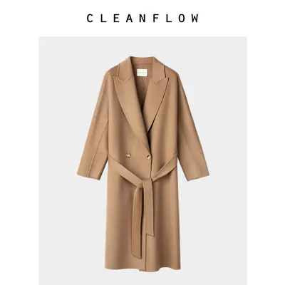 CLEANFLOW | 深驼色山羊绒戗驳领双排扣毛呢外套女2026冬新款大衣